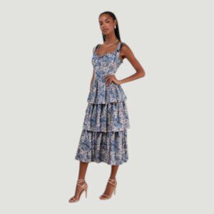 New! Lulus Lovely Bliss BlueJacquard Strapless Bustier Midi Dress Sz XL #51